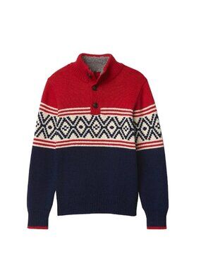 Boys' GAP Red Navy Blue Patterned Cotton Wool Knit 1/4 Button Sweater, Size L/10